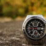 Detailed macro shot of a Casio Edifice wristwatch with focus on chronograph dials.